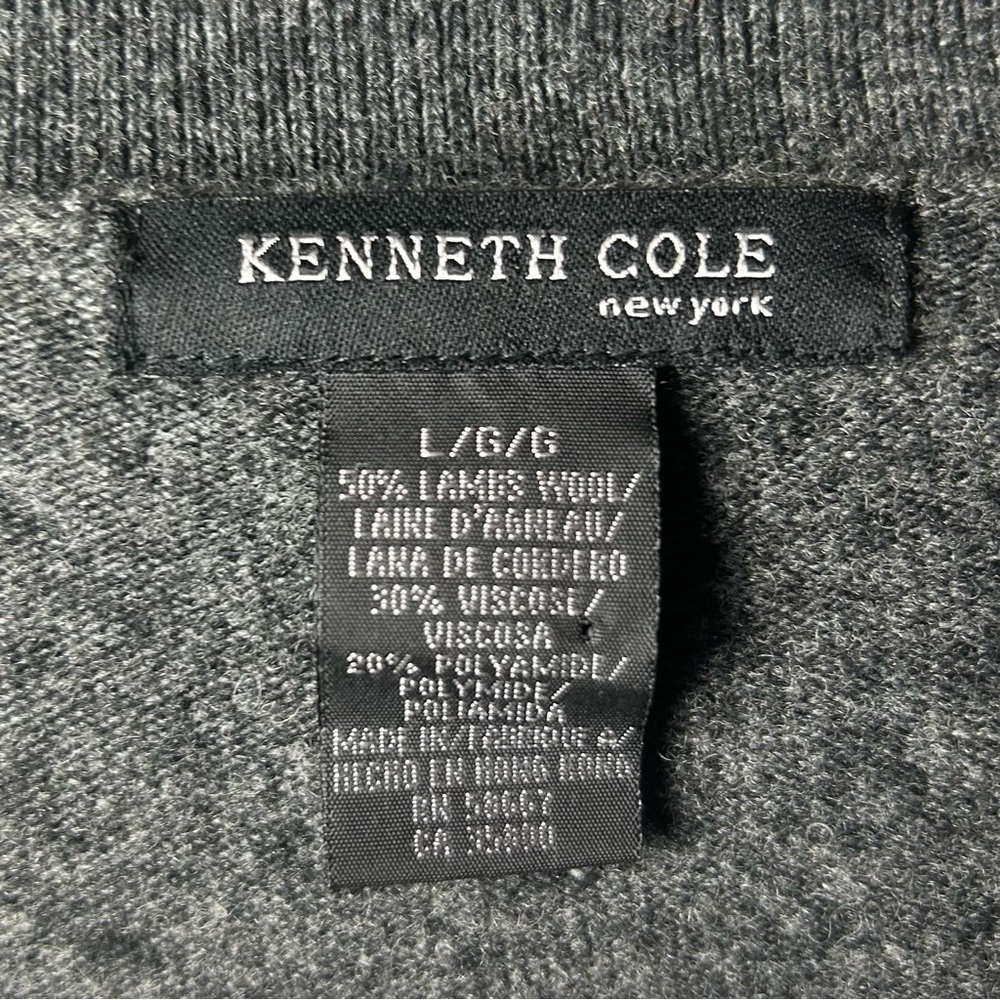 Mens Large Sweater with Collar Grey Lambs Wool Checker Preppy Kenneth Cole - Picture 3 of 10